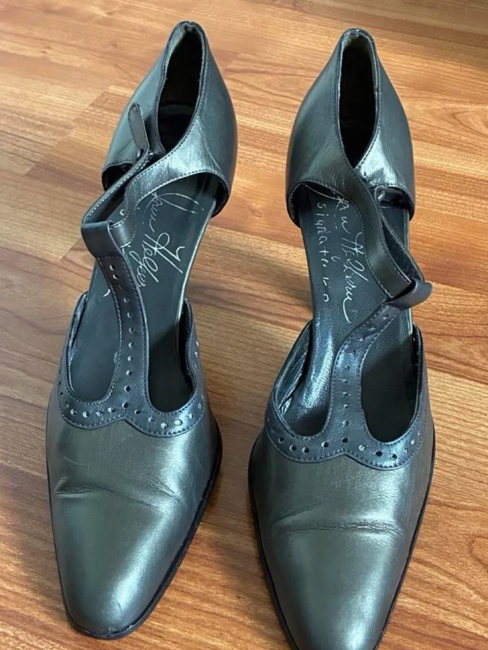 Vintage grey Leather T-Strap Heels